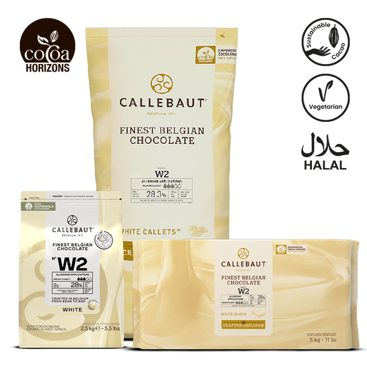 Callebaut chocolate packaging with various sizes on a white background