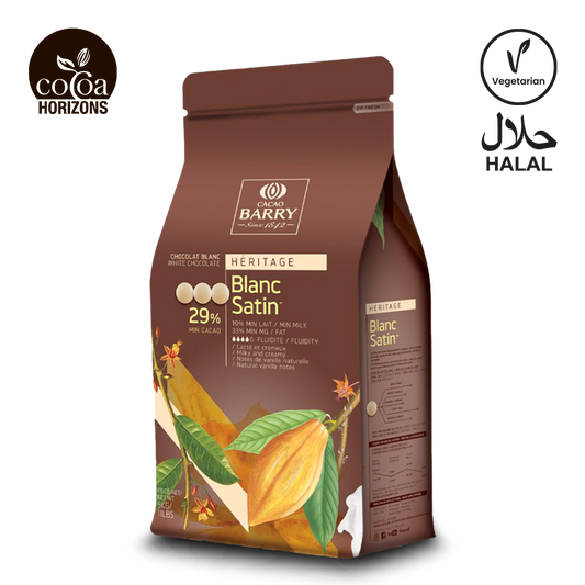 Cacao Barry Blanc Satin chocolate packaging on a white background