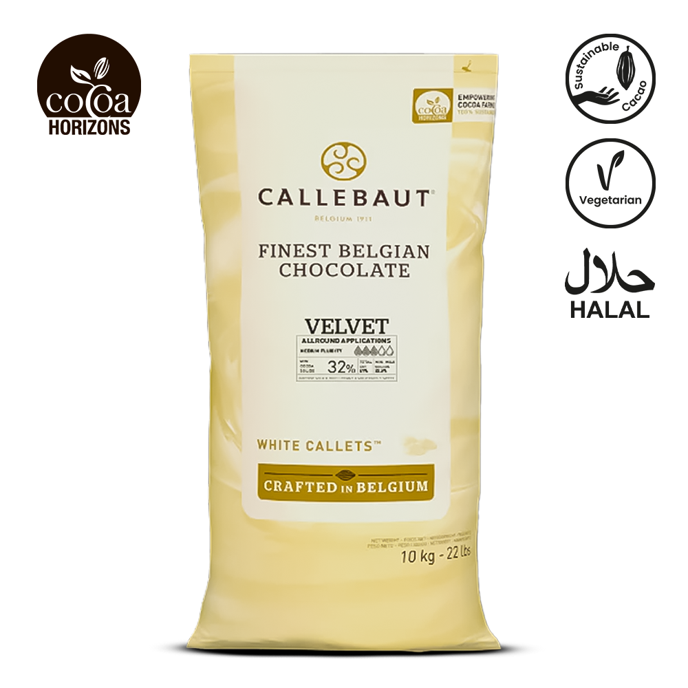 Callebaut white chocolate callets packaging on a white background