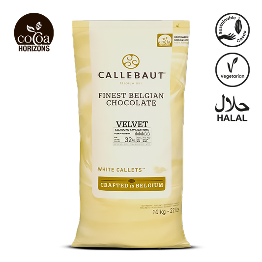 Callebaut white chocolate callets packaging on a white background