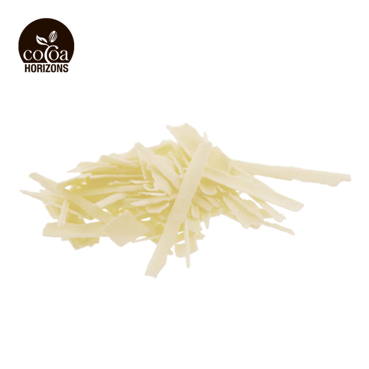 Grated cheese strands with 'Cocoa Horizons' logo on a white background