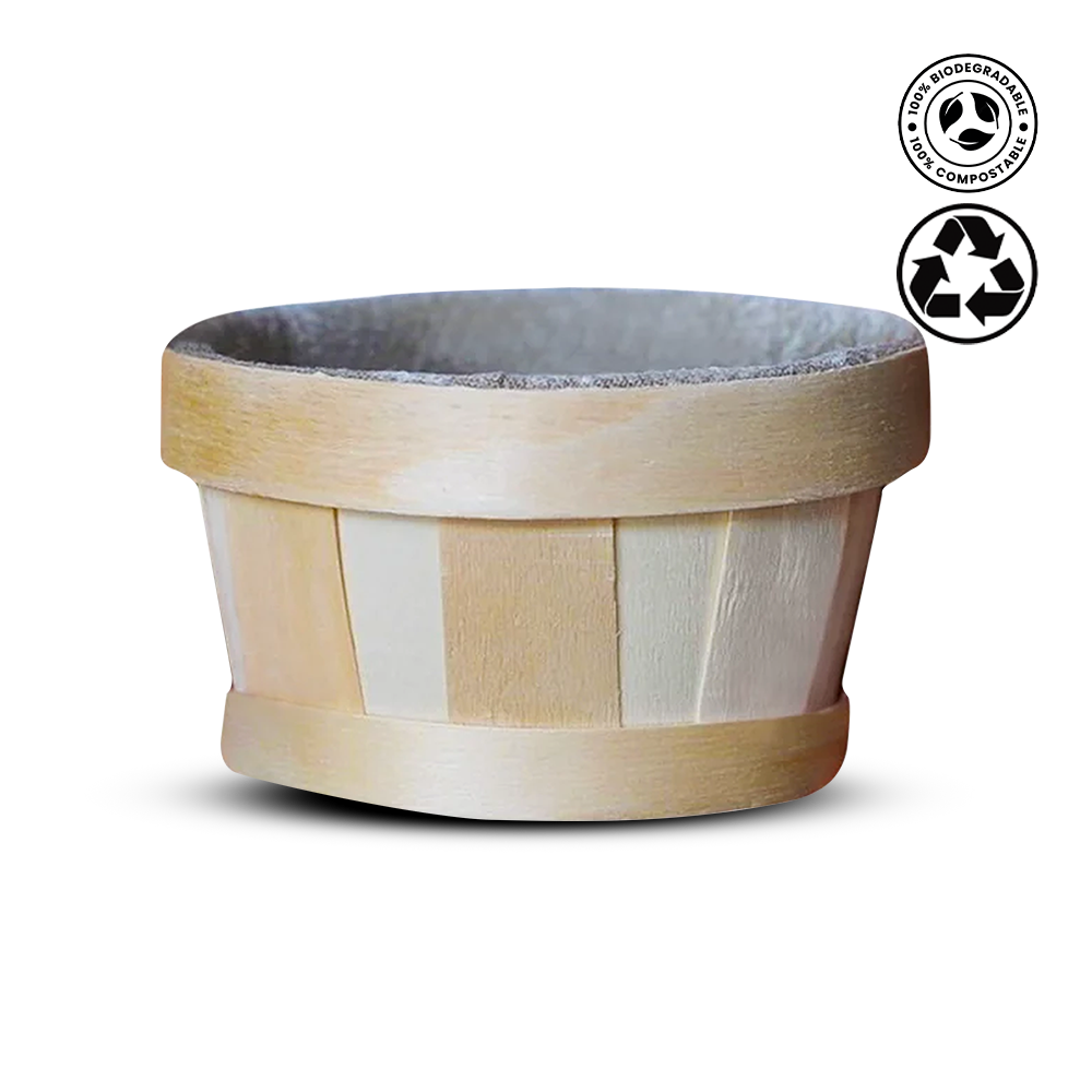 Wooden basket with a gray interior on a white background, featuring a recycling symbol.