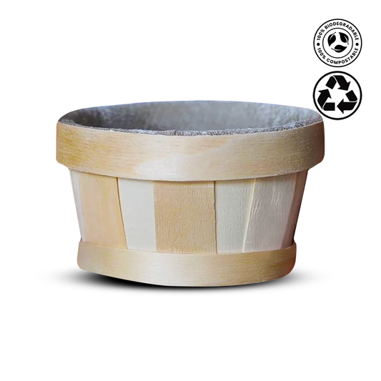 Wooden basket with a gray interior on a white background, featuring a recycling symbol.