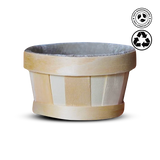 Wooden basket with a gray interior on a white background, featuring a recycling symbol.
