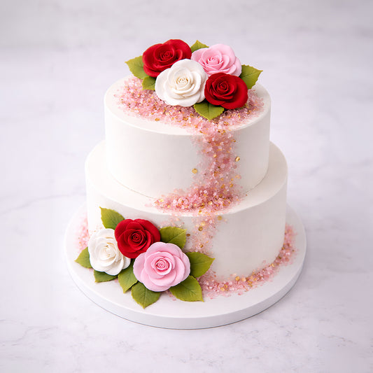 Two-tiered cake decorated with red, pink, and white roses on a white background