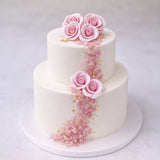 Two-tiered white cake with pink roses and decorative elements on a light gray background