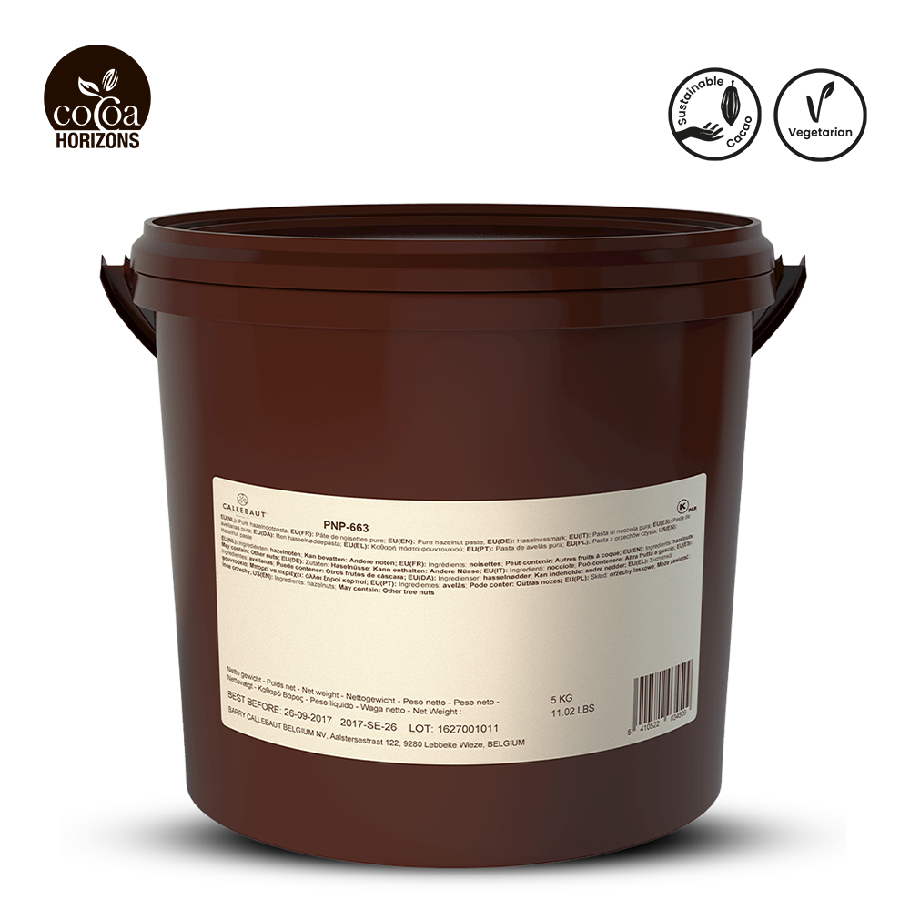 Brown container with label and 'Cocoa Horizons' logo on a white background