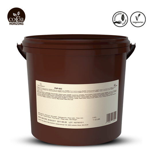 Brown container with label and 'Cocoa Horizons' logo on a white background